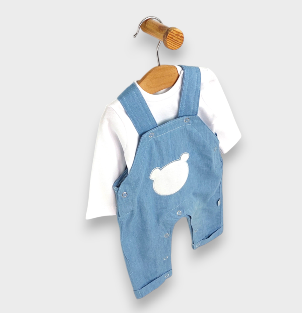 Set bebeluș Rainy Premium 2 piese denim cu mânecă lungă Ursuleț 56-80cm.