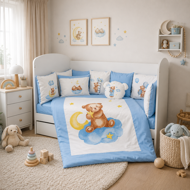 Set de lenjerie pentru pătuț Rainy, 7 piese, Baby Bear, mărime universală, albastru