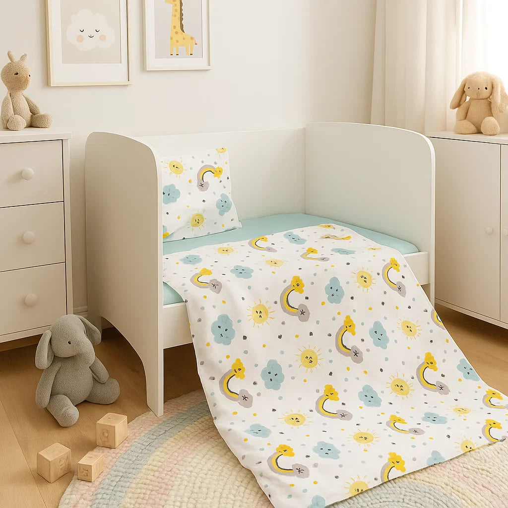 Rainy Set de lenjerie de pat pentru bebeluși 3 piese 70x140 cm. Curcubeu pe nor