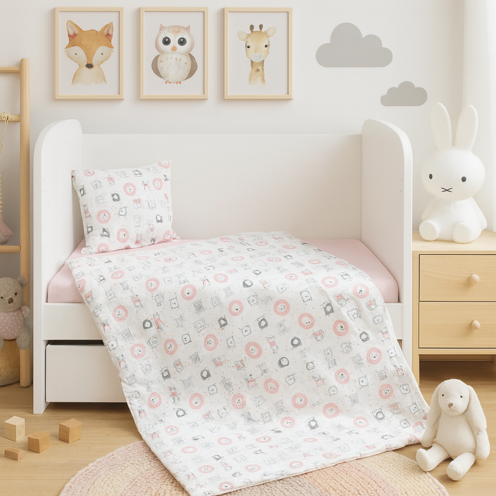 Rainy Set de lenjerie de pat pentru bebeluși 3 piese 70x140 cm. Animăluțe roz