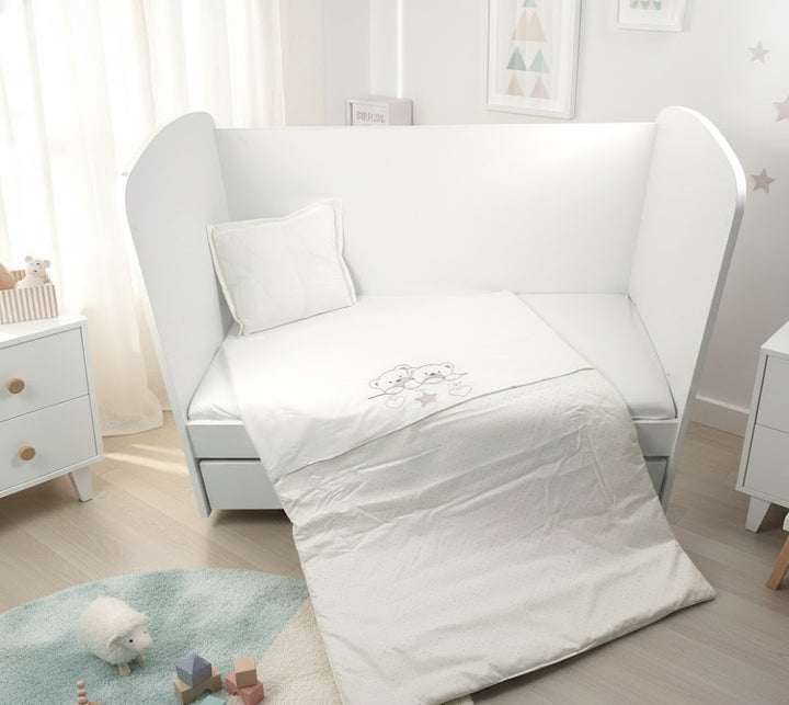 Rainy Set de pat pentru bebeluși 4 piese 70x140 cm. Ursuleți cu steluțe ecru