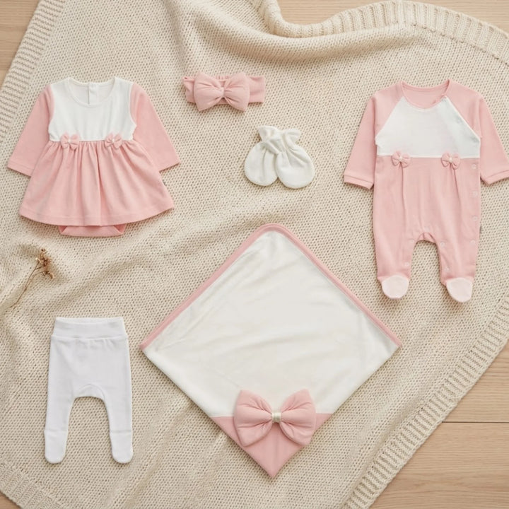 Set bebe pentru externare cu rochiță, 6 piese, model Ribbon, Rainy