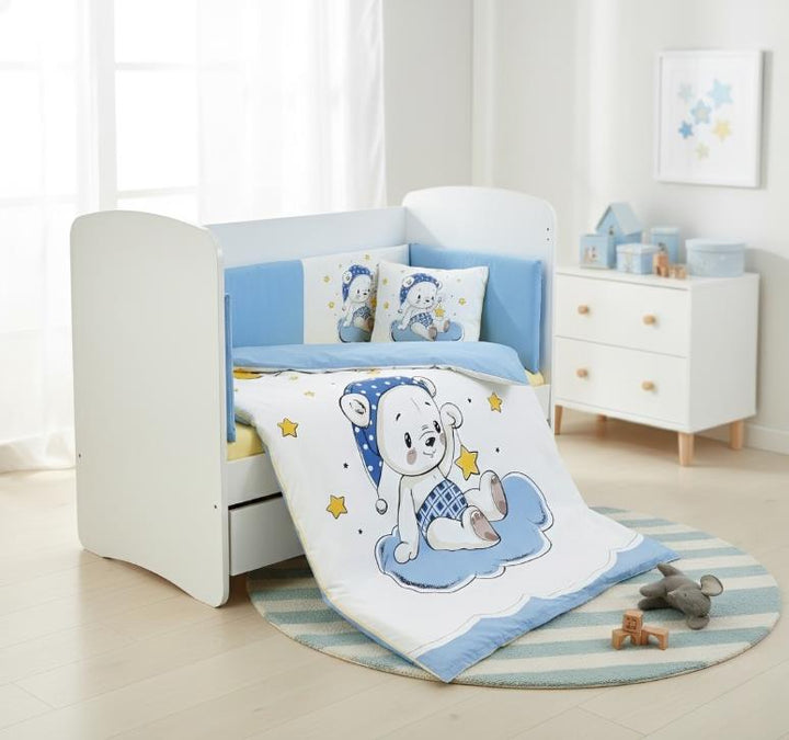 Set de lenjerie pentru pătuț Rainy, 6 piese, 70x140 cm, ursuleț albastru