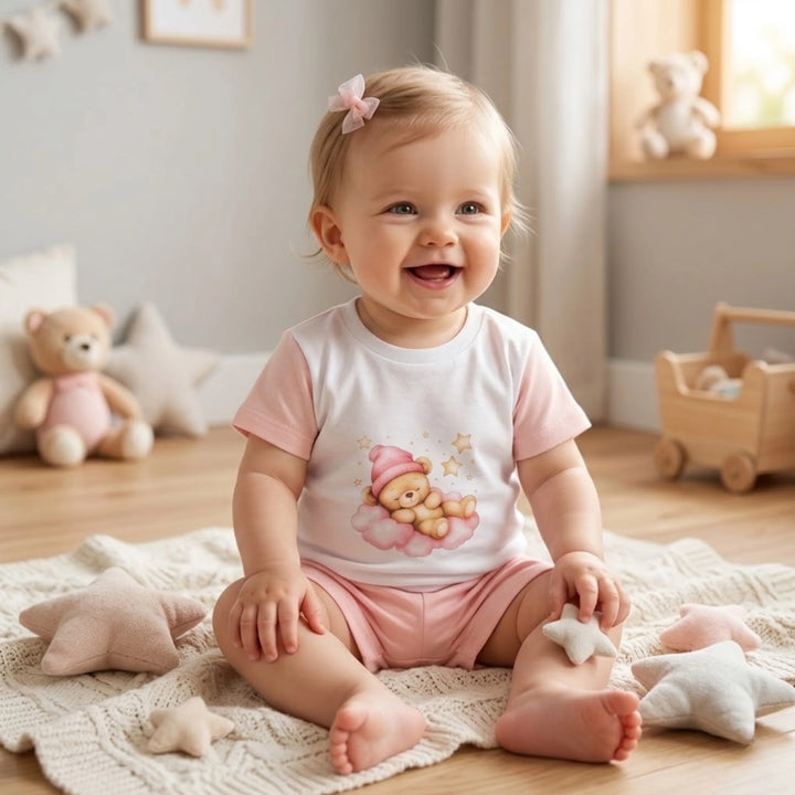 Rainy Pijama copii cu mânecă scurtă Ursuleț stelar roz 74 - 110 cm. alb/bonbon