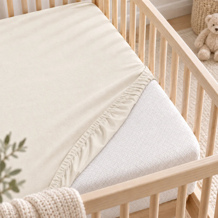 Rainy Set cearșaf tricotat pentru bebeluși cu elastic și protecție matlasată Lux 60x120 cm. ecru