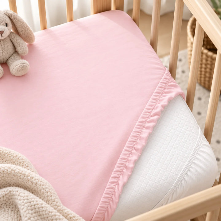 Rainy Set cearșaf tricotat pentru bebeluși cu elastic și protecție matlasată Lux 60x120 cm. roz