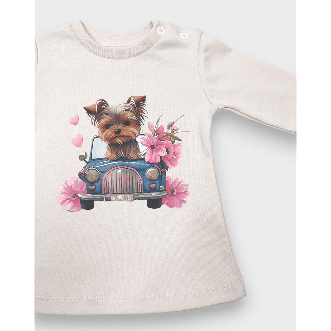 Bluză pentru bebeluși Rainy cu mâneci lungi „Puppy with flowers”, 62-92 cm, culoare ecru delicată