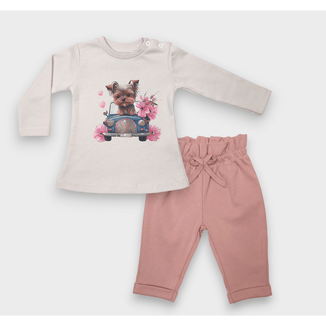 Bluză pentru bebeluși Rainy cu mâneci lungi „Puppy with flowers”, 62-92 cm, culoare ecru delicată
