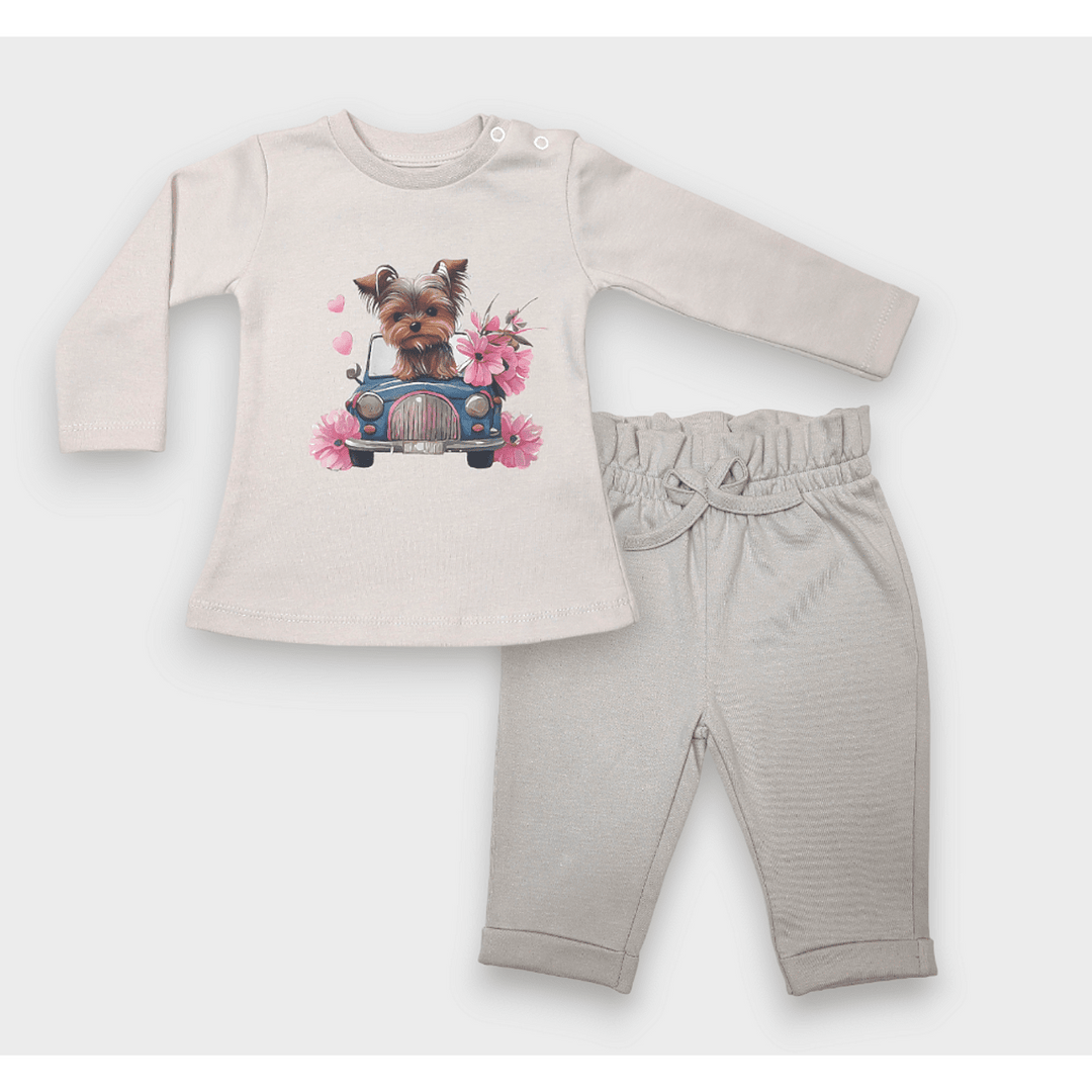 Bluză pentru bebeluși Rainy cu mâneci lungi „Puppy with flowers”, 62-92 cm, culoare ecru delicată