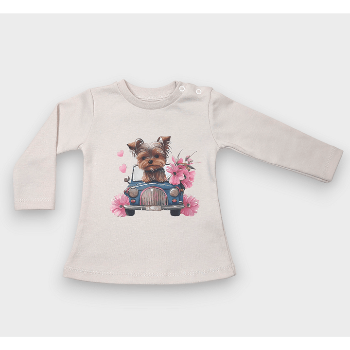Bluză pentru bebeluși Rainy cu mâneci lungi „Puppy with flowers”, 62-92 cm, culoare ecru delicată
