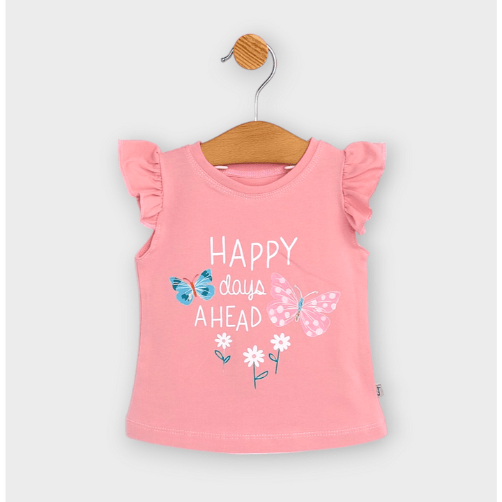 Bluză pentru bebeluși Rainy cu mâneci scurte „Happy days”, 62-92 cm, culoare pudră