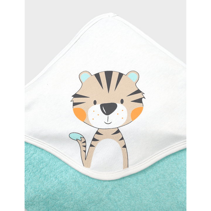Prosop pentru bebeluși Rainy cu glugă „Tigru colorat”, 90x90 cm, turcoaz