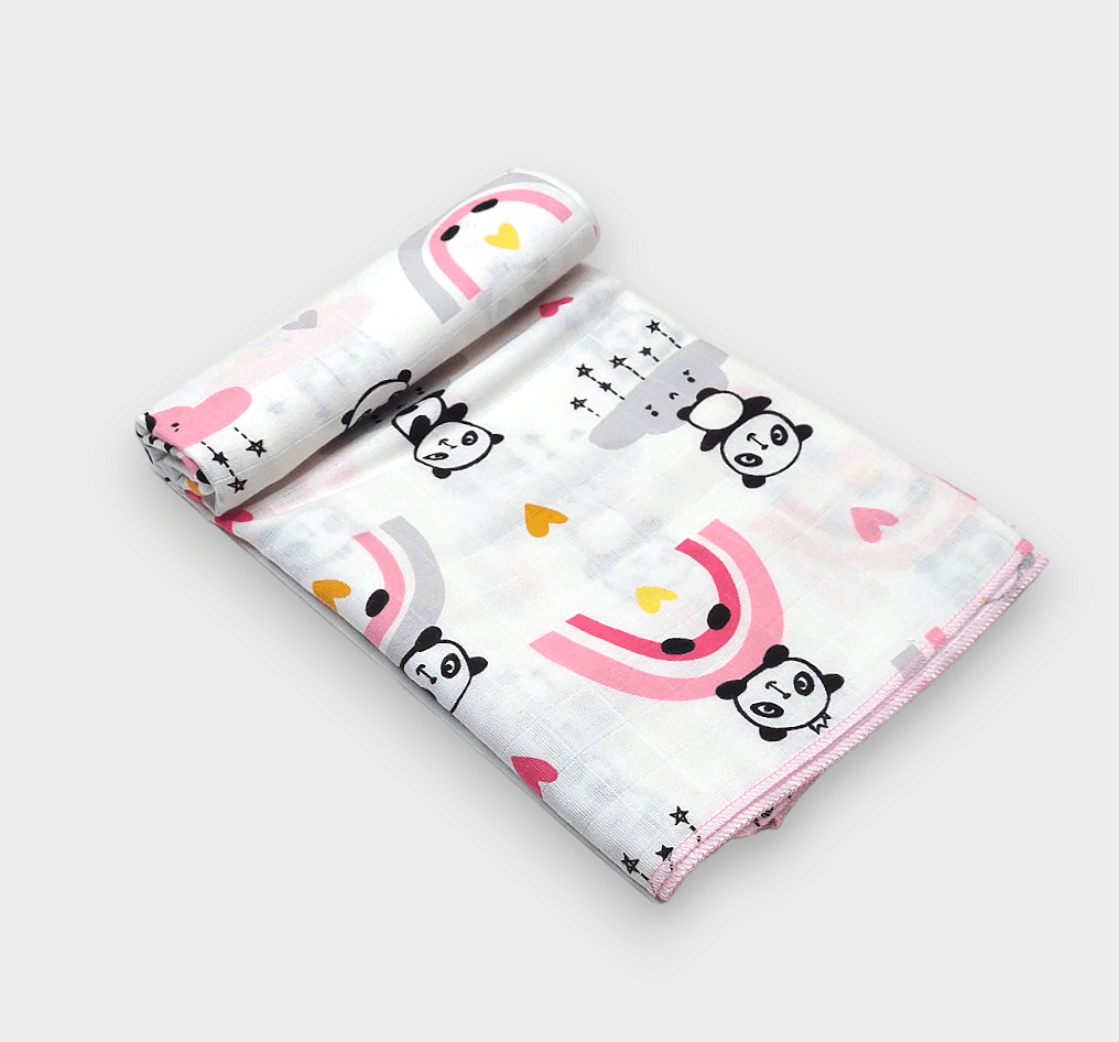 Rainy Scutec din finet pentru bebeluși 50x110 cm. Ursuleț panda cu curcubee roz