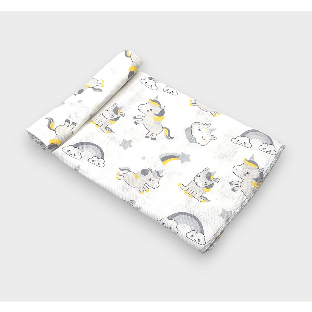 Rainy Scutec textil din muselină pentru bebeluși 50x110 cm. Unicorn gri