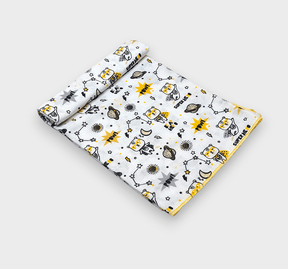 Rainy Scutec textil din muselină pentru bebeluși 75x75 cm. Ursuleți spațiali