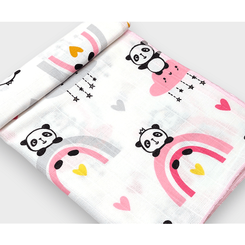 Rainy Scutec textil din muselină pentru bebeluși 80x80 cm. Panda cu curcubeu roz