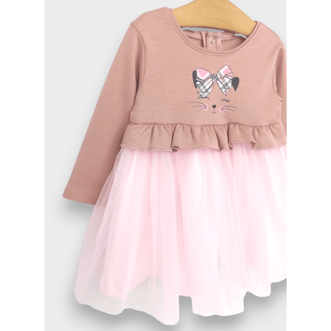 Rainy Rochie pentru bebeluși cu mâneci lungi „Pisicuță cu fundiță” 62 - 92 cm, roz prăfuit/roz