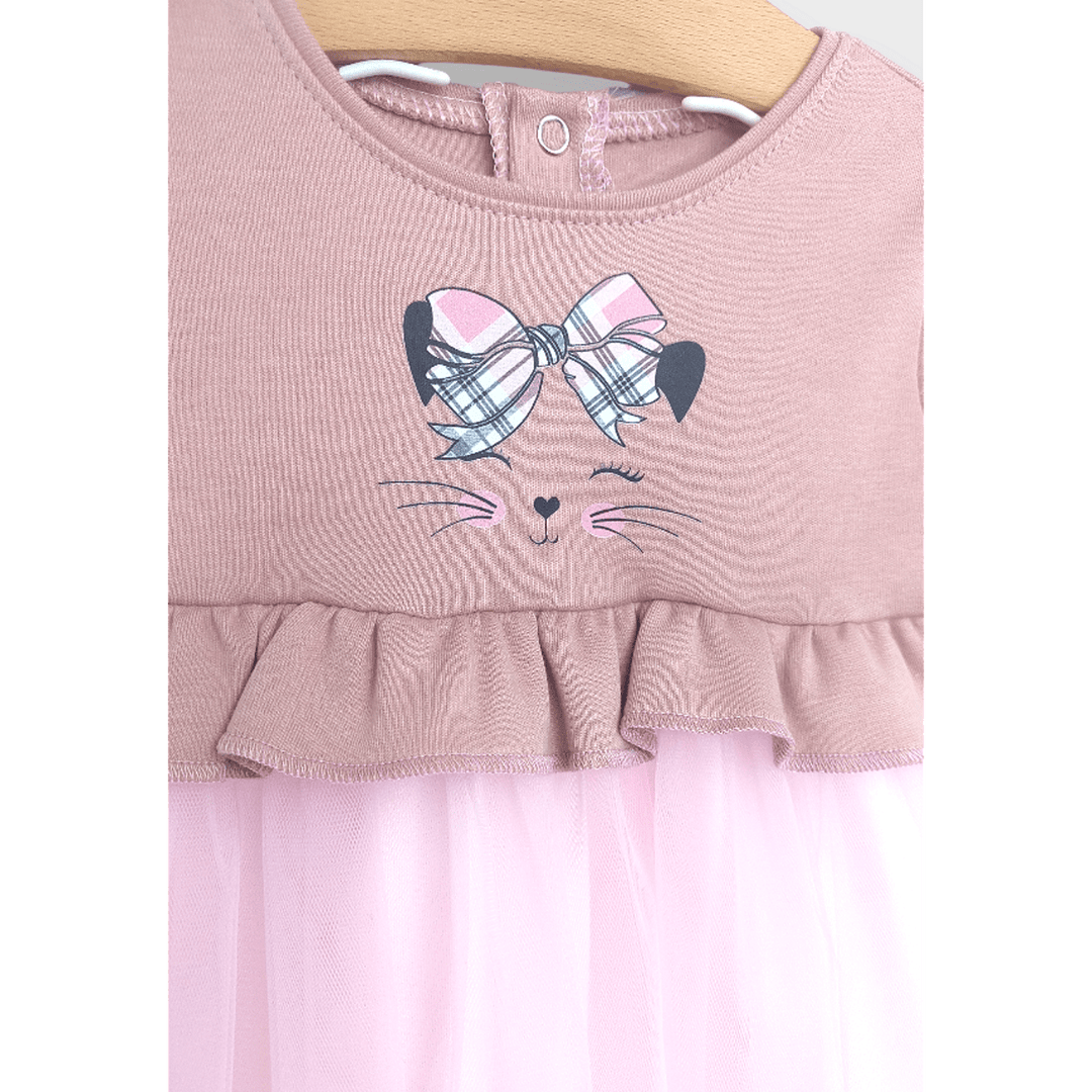 Rainy Rochie pentru bebeluși cu mâneci lungi „Pisicuță cu fundiță” 62 - 92 cm, roz prăfuit/roz