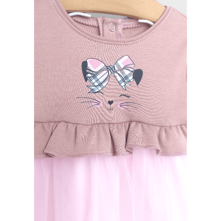 Rainy Rochie pentru bebeluși cu mâneci lungi „Pisicuță cu fundiță” 62 - 92 cm, roz prăfuit/roz