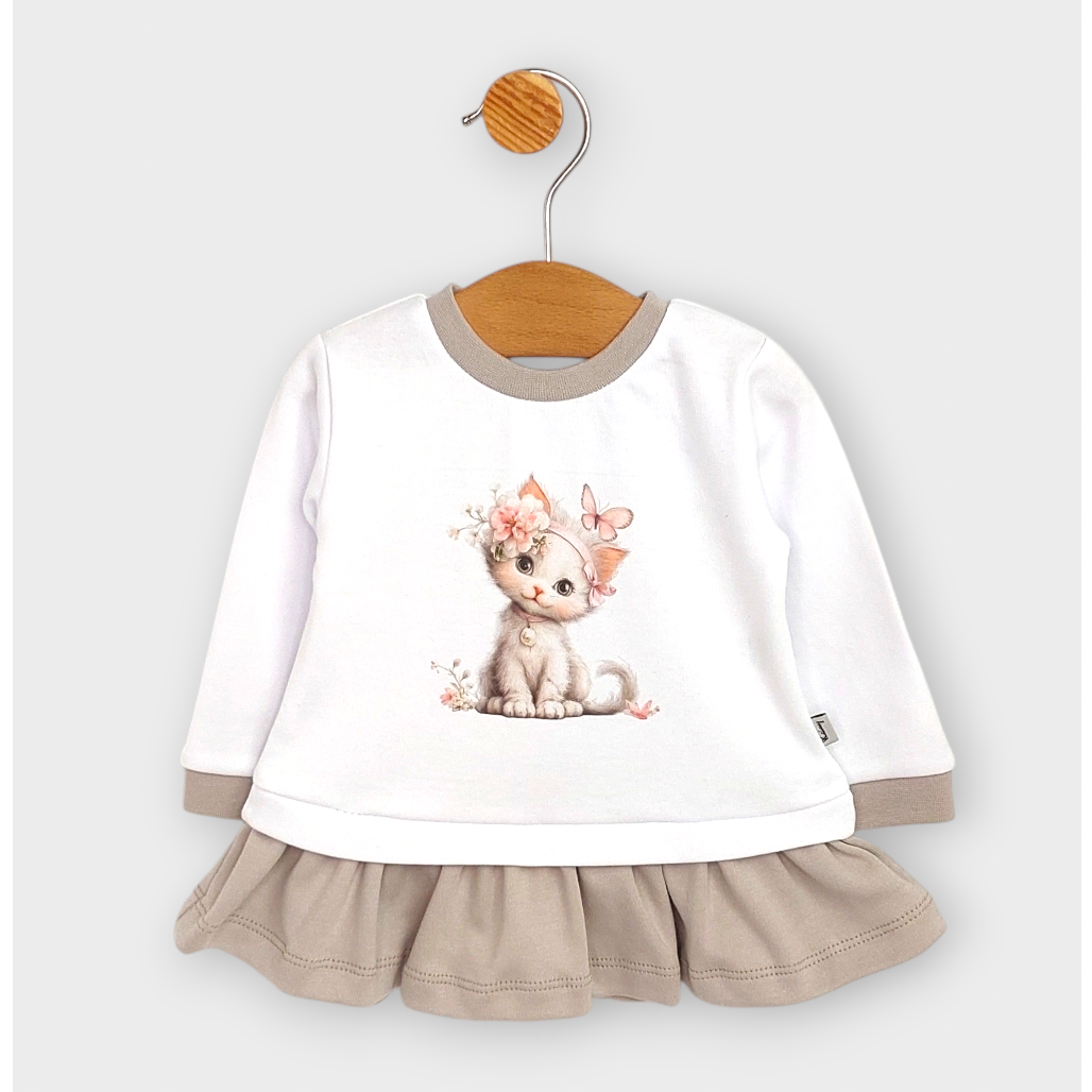 Tunică pentru bebeluși cu mânecă lungă Rainy Cat Magic 62-92 cm, alb/cacao cald