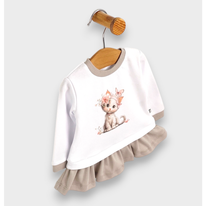 Tunică pentru bebeluși cu mânecă lungă Rainy Cat Magic 62-92 cm, alb/cacao cald