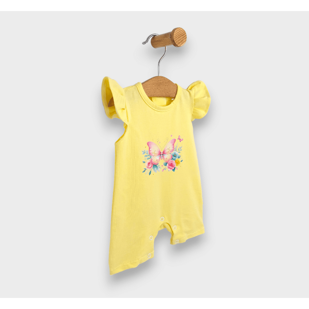 Salopetă pentru bebeluși Rainy „Fluture cu flori”, cu mâneci scurte, 56-80 cm, galben