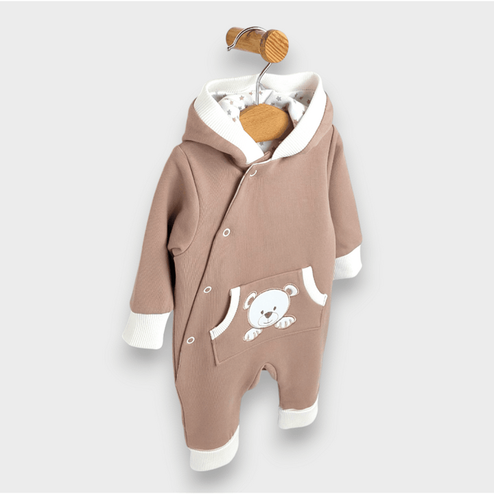Salopetă pentru bebeluși Rainy cu glugă „Ursuleț cu lăbuțe”, 56–80 cm, culoare migdal