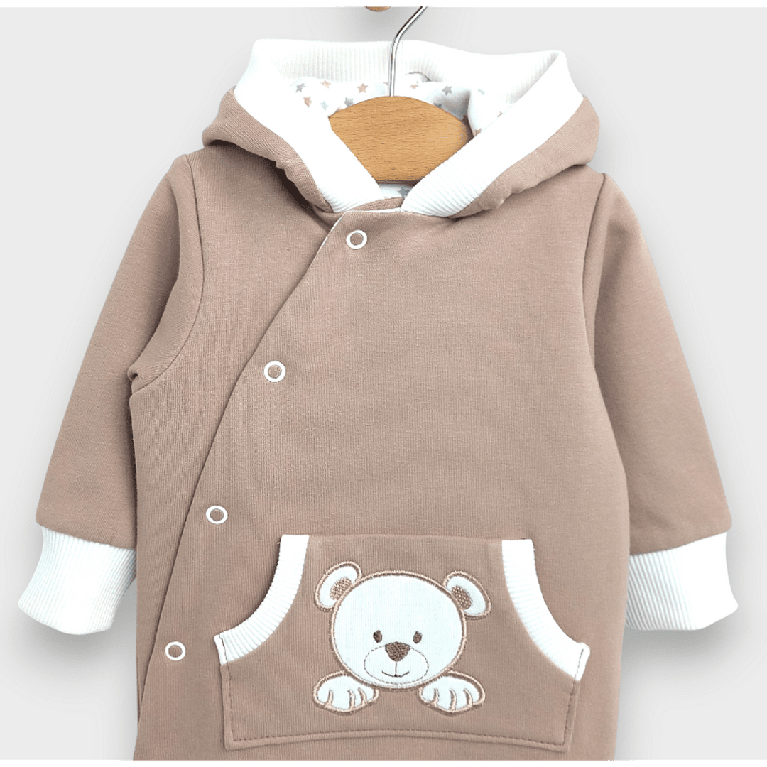 Salopetă pentru bebeluși Rainy cu glugă „Ursuleț cu lăbuțe”, 56–80 cm, culoare migdal