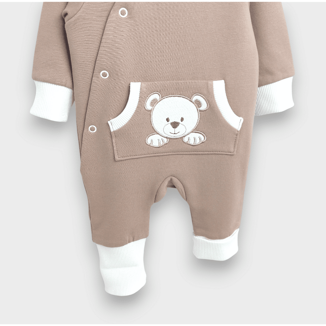 Salopetă pentru bebeluși Rainy cu glugă „Ursuleț cu lăbuțe”, 56–80 cm, culoare migdal