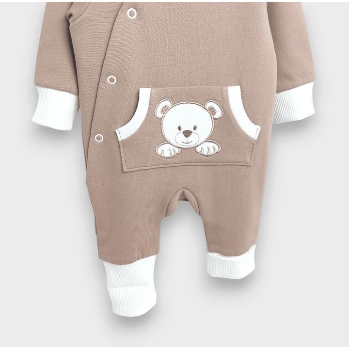 Salopetă pentru bebeluși Rainy cu glugă „Ursuleț cu lăbuțe”, 56–80 cm, culoare migdal