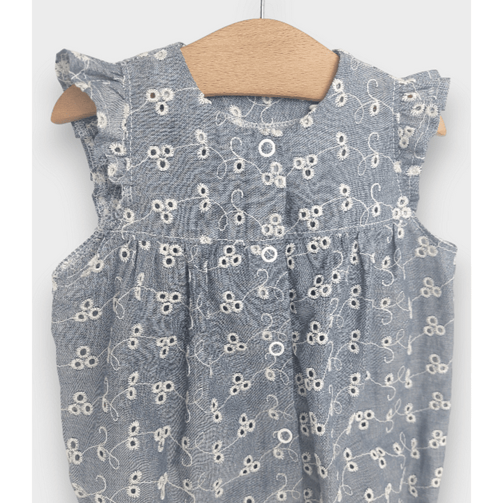 Salopetă pentru bebeluși Rainy Premium cu aripioare 56-80 cm, din denim/dantelă