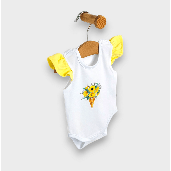 Set pentru bebeluși Rainy, 2 piese, cu motiv de înghețată și floarea-soarelui, 56-74 cm, culoare lămâie