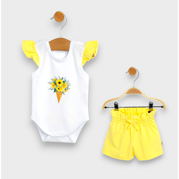 Set pentru bebeluși Rainy, 2 piese, cu motiv de înghețată și floarea-soarelui, 56-74 cm, culoare lămâie