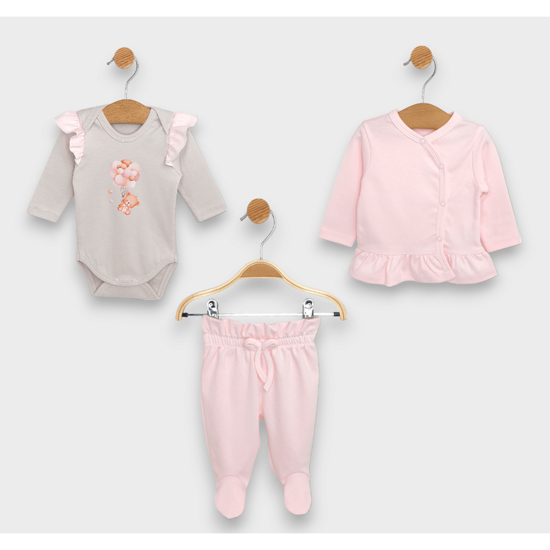 Rainy Set bebeluș 3 piese Ursuleț cu baloane roz 48-62 cm.