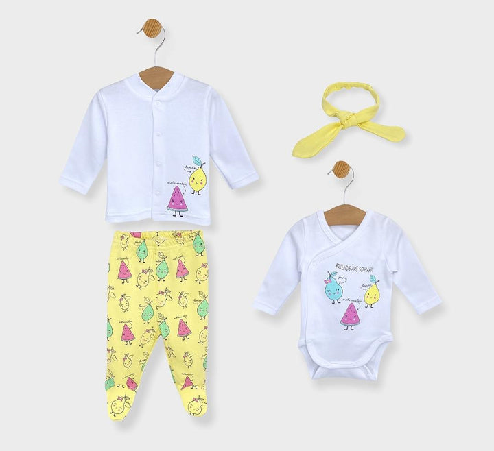 Set pentru bebeluși Rainy, 4 piese, „Ploțele”, 56 cm, alb/galben