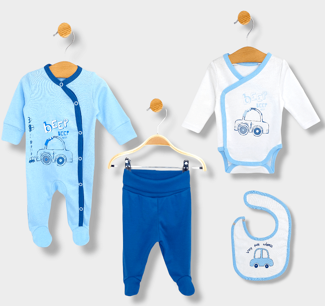Rainy Set bebeluș din 4 piese Car Beep Beep 56-62 cm. albastru