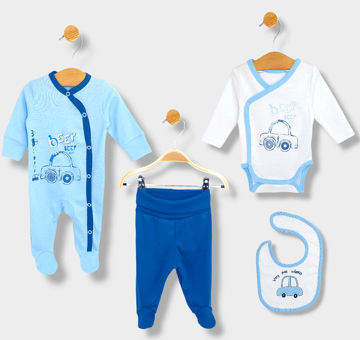 Rainy Set bebeluș din 4 piese Car Beep Beep 56-62 cm. albastru
