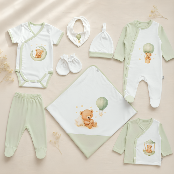 Set pentru ieșirea din maternitate Rainy, 8 piese, Green Bear
