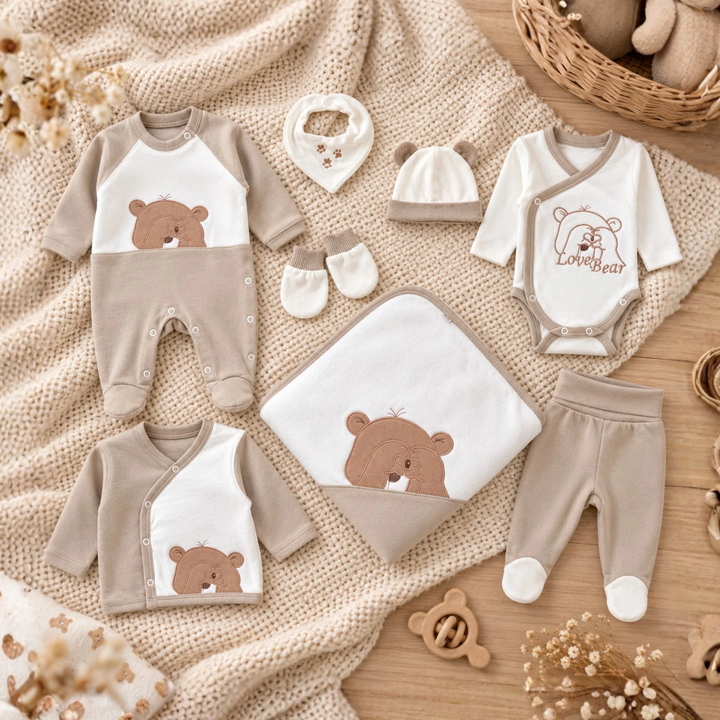 Rainy Set pentru ieșirea din maternitate 8 piese. Love Bear