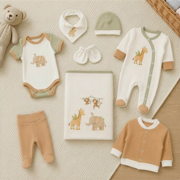 Set pentru ieșirea din maternitate Rainy pentru bebeluși, 8 piese, model Safari