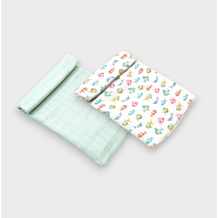 Rainy Scutece din muselină pentru bebeluși, 2 buc., 80x80 cm, Peștișori/verde mentă
