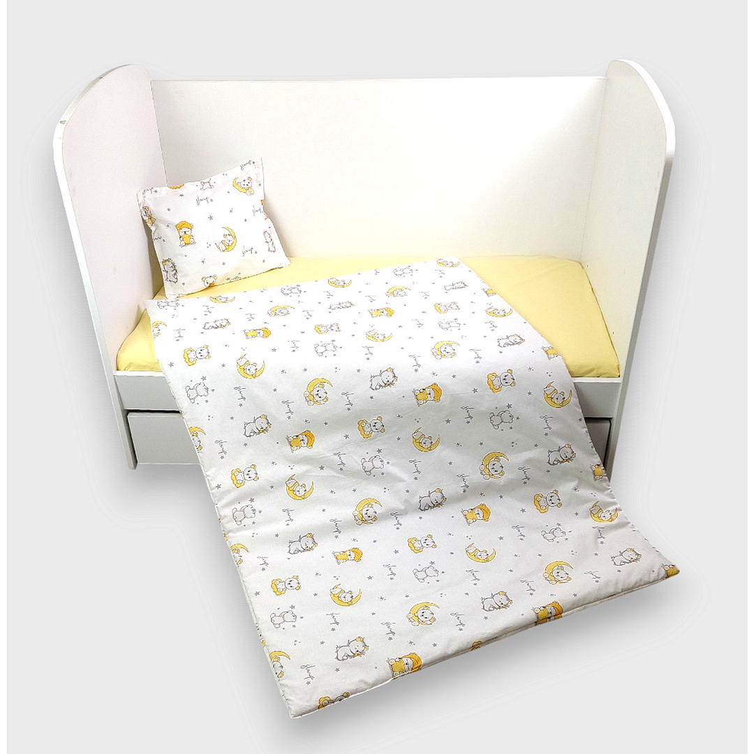 Rainy Set de lenjerie de pat pentru bebeluși, 3 piese, 60x120 cm. Ursuleț pe lună galbenă