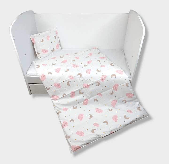 Set de lenjerie pentru pătuț Rainy, 3 piese, 60x120 cm, nori roz