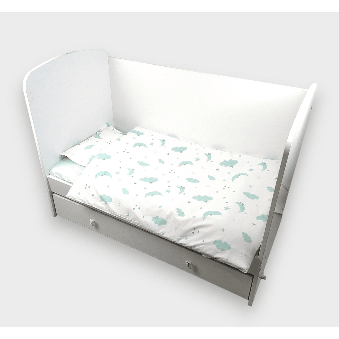 Set de lenjerie pentru pătuț Rainy, 3 piese, 60x120 cm, Nori și stele, mentă