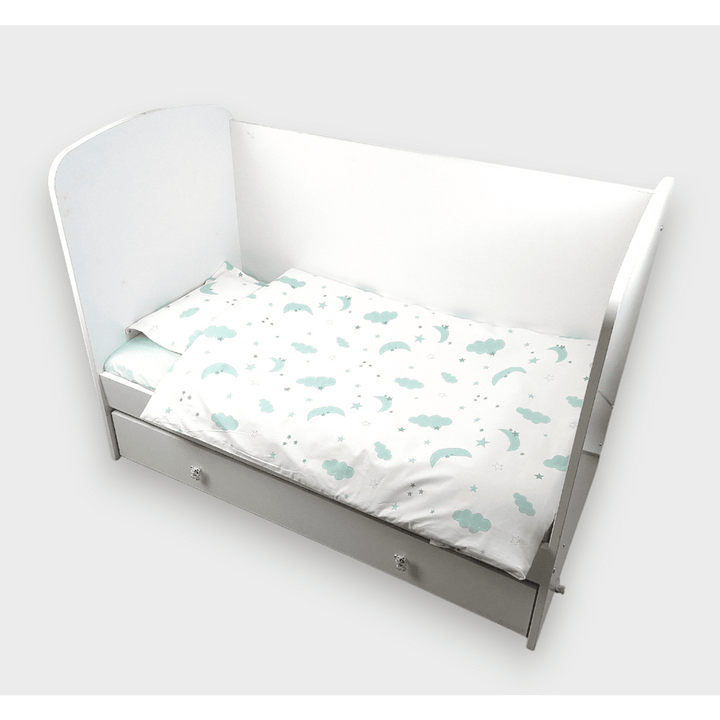 Set de lenjerie pentru pătuț Rainy, 3 piese, 60x120 cm, Nori și stele, mentă