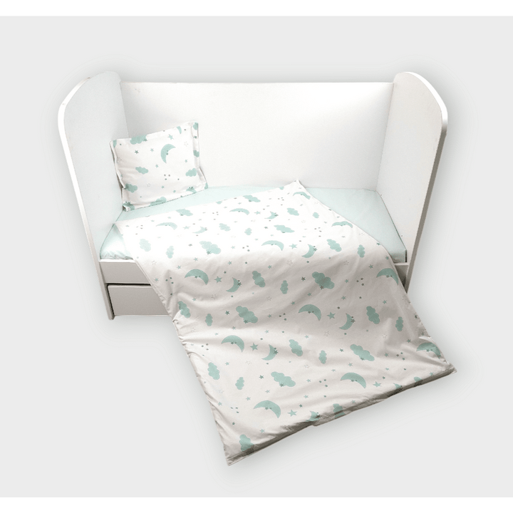 Set de lenjerie pentru pătuț Rainy, 3 piese, 60x120 cm, Nori și stele, mentă