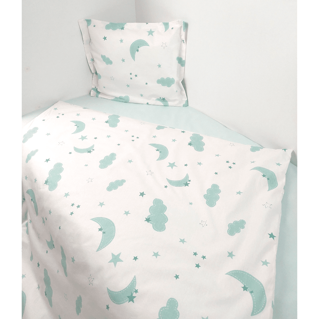 Set de lenjerie pentru pătuț Rainy, 3 piese, 60x120 cm, Nori și stele, mentă