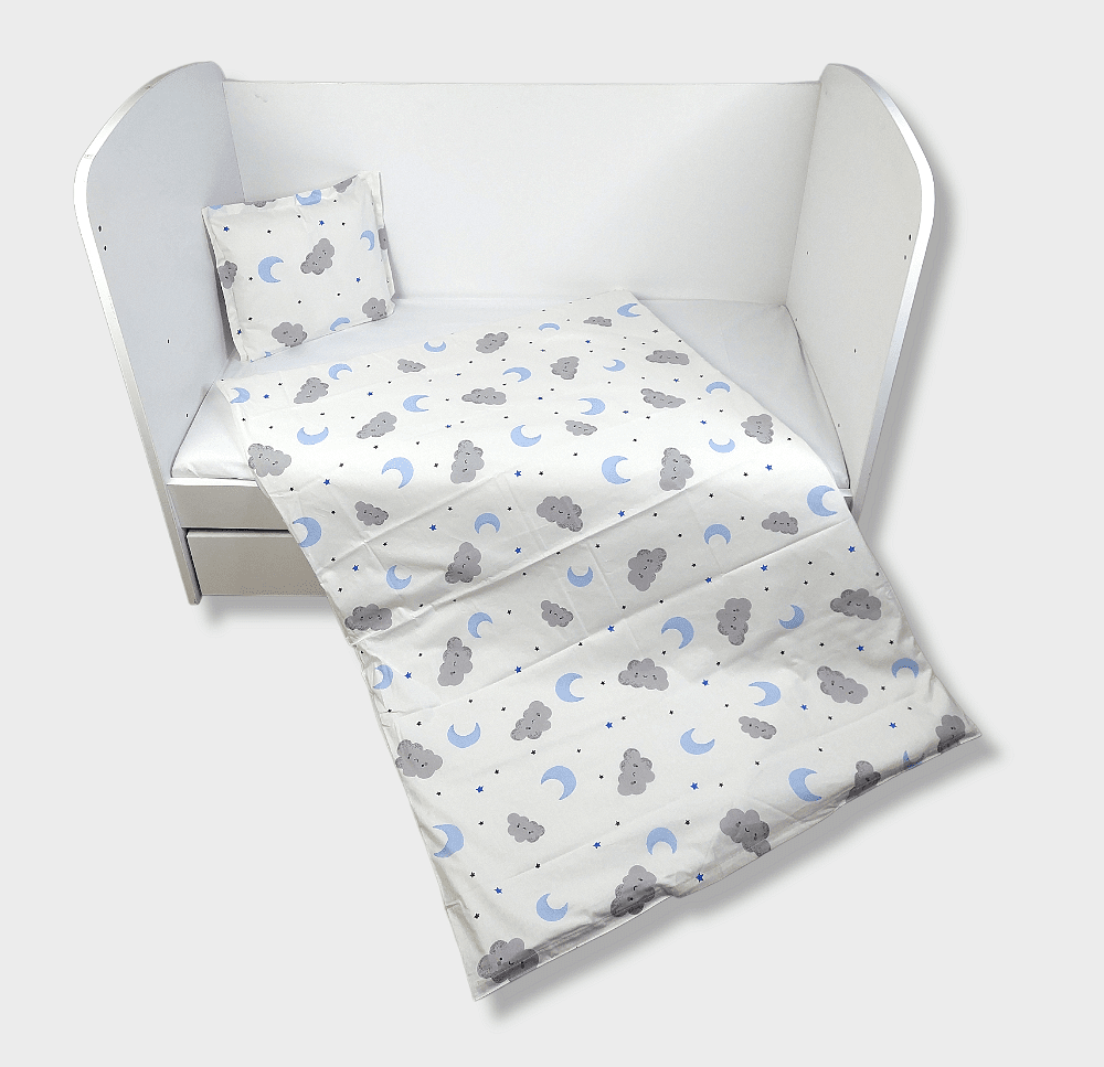 Set de lenjerie pentru pătuț Rainy, 3 piese, 60x120 cm, nori cenușii