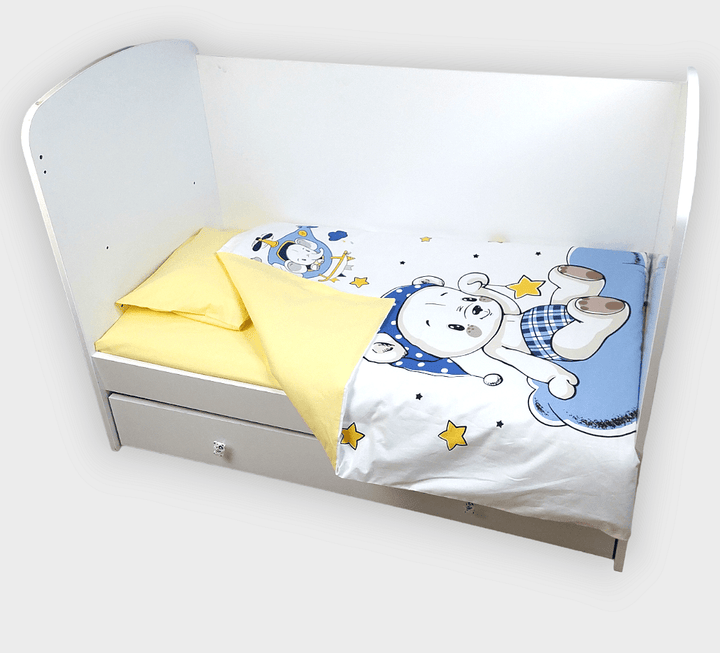 Set de lenjerie pentru pătuț Rainy, 3 piese, 60x120 cm, ursuleț albastru