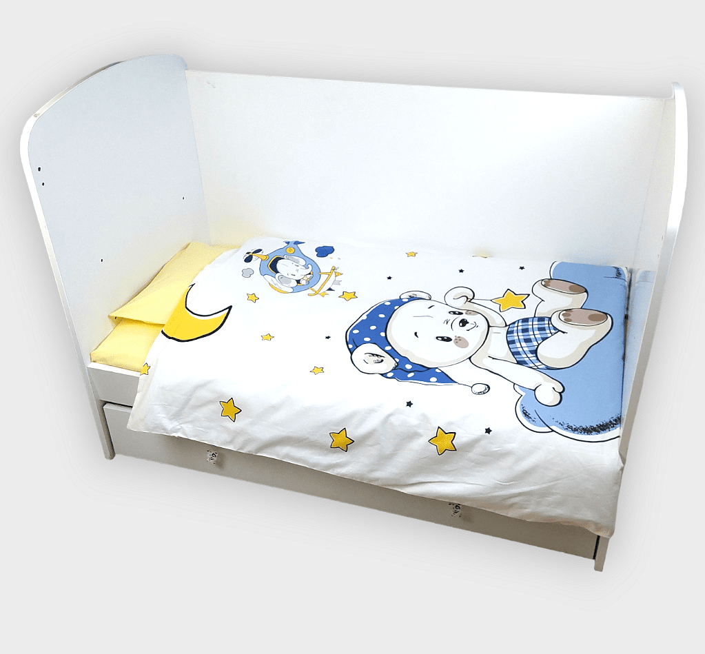 Set de lenjerie pentru pătuț Rainy, 3 piese, 60x120 cm, ursuleț albastru